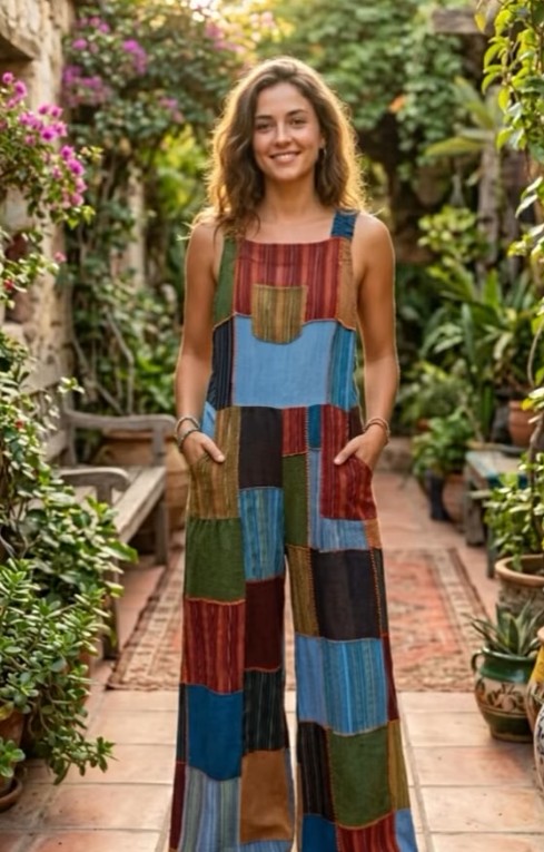 Woman wearing a striped patchwork jumpsuit sold at Amarettos, the women's clothing store in downtown Dundas, Ontario