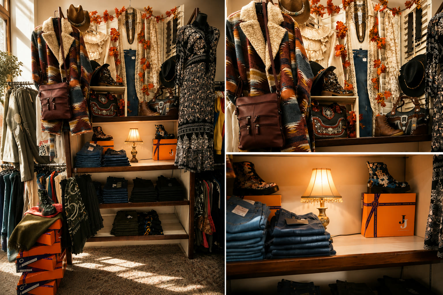 Clothing, bags, boots and accessories on display inside Amarettos