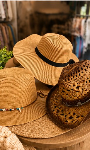Straw summer hats on display at Amarettos